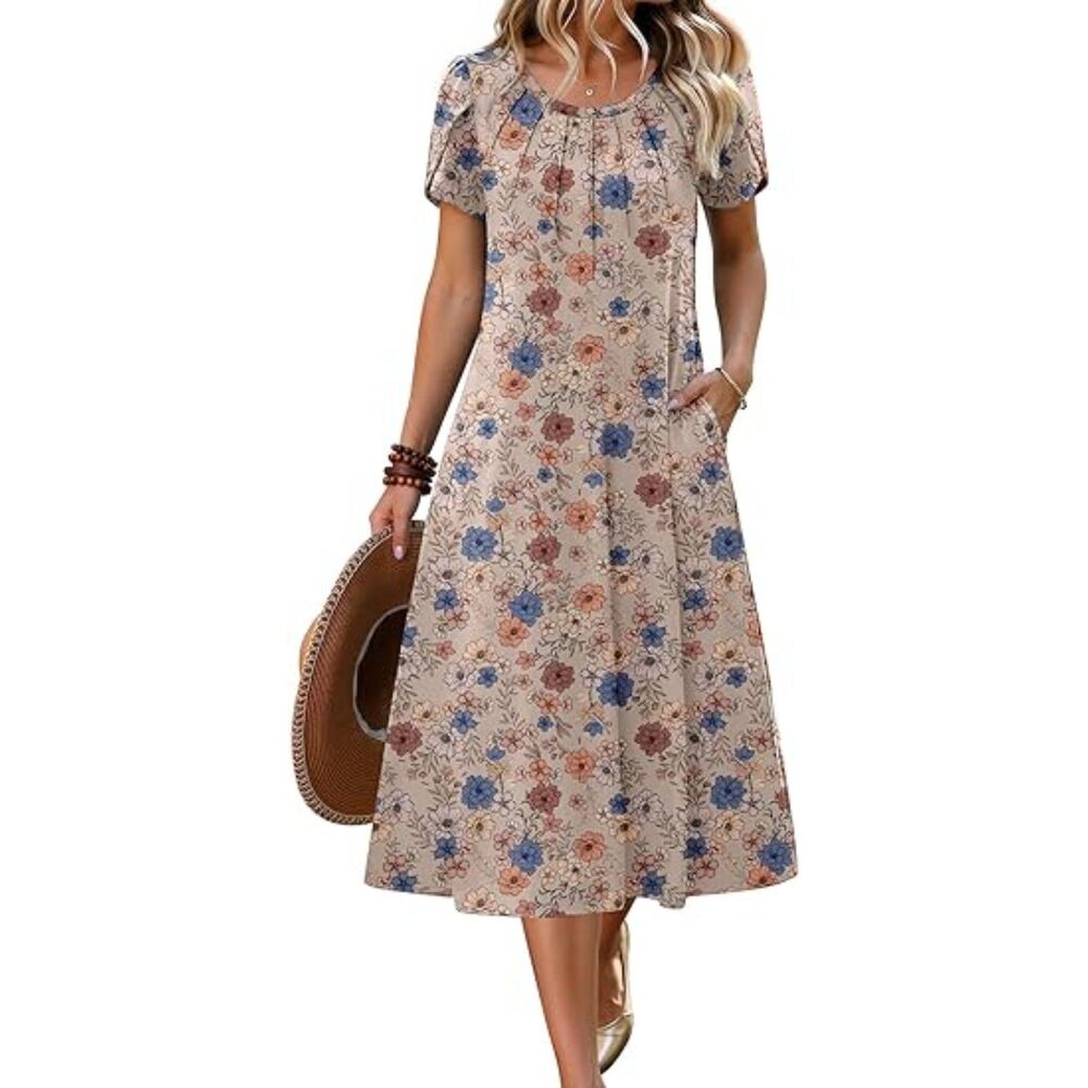 Women Brown Floral Blend Crew Neck A Line Short Sleeve Flowy Boho Sundress